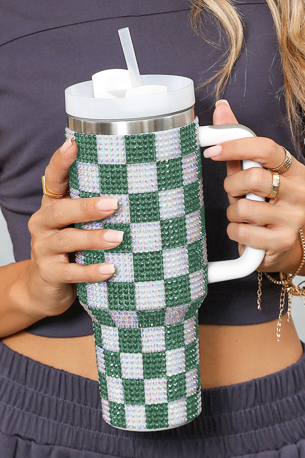 Blackish Green Full Rhinestone Checkerboard Handled Tumbler 40oz Tumblers JT's Designer Fashion