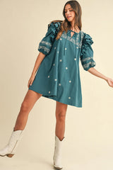 Skobeloff Boho Floral Ruffle Puff Sleeve Lace-up V Neck Mini Dress Floral Dresses JT's Designer Fashion