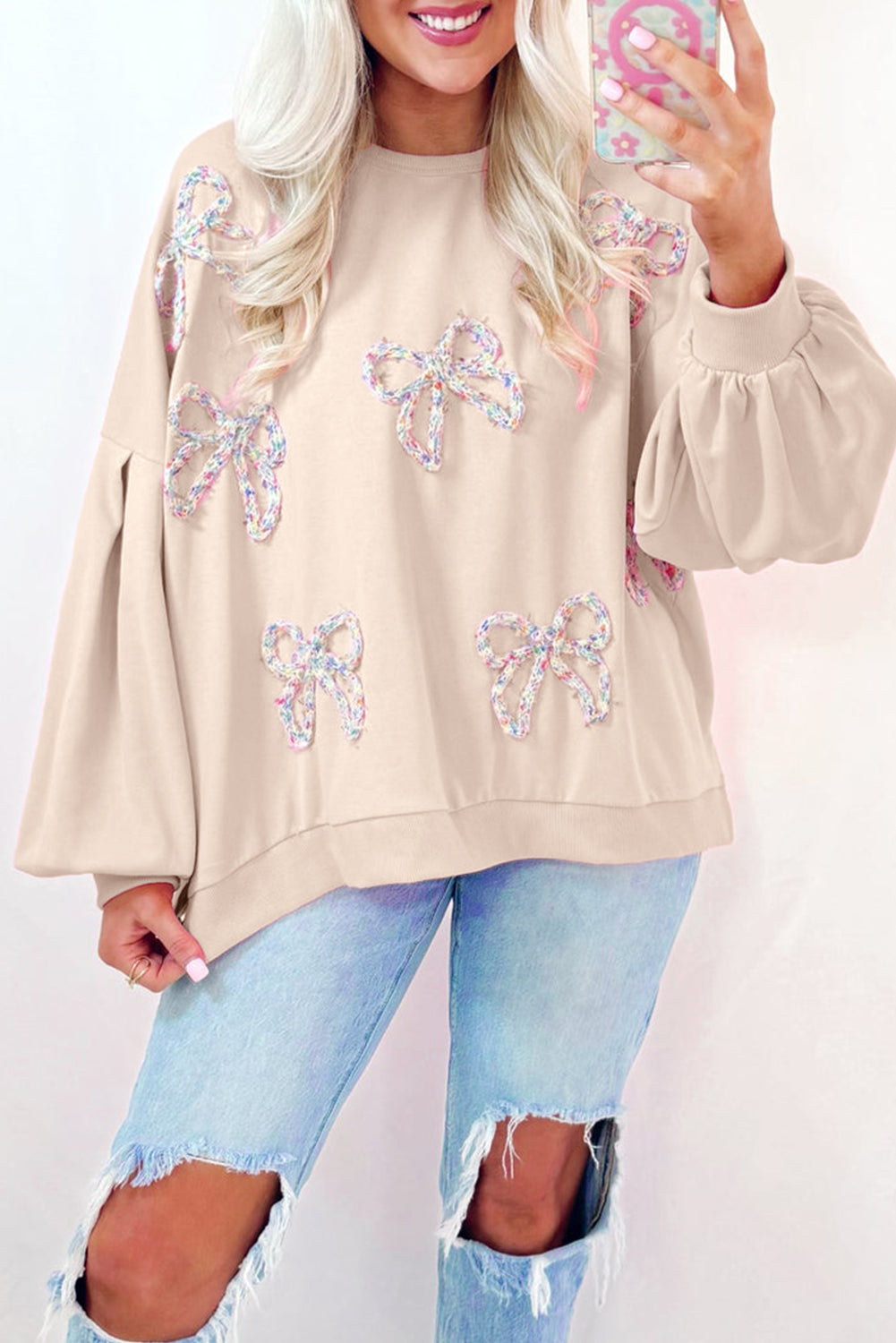 Parchment Embroidered Bow Lantern Sleeve Oversized Pullover Sweatshirt Sweatshirts & Hoodies JT's Designer Fashion