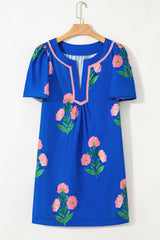 Blue Floral Short Sleeve Split Neck Loose Mini Dress Floral Dresses JT's Designer Fashion