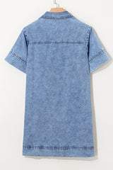 Beau Blue Short Sleeve Collared Patched Pocket Denim Mini Dress Mini Dresses JT's Designer Fashion