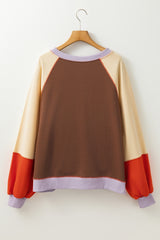 Orange Color Block Side Slits Raglan Sleeve Loose Fit Top Long Sleeve Tops JT's Designer Fashion