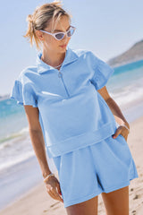 Beau Blue Ribbed Texture Half Zip Ruffled Short Sleeve Top and Shorts Set Short Sets JT's Designer Fashion