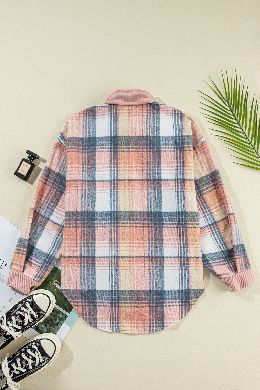 Light Pink Plaid Corduroy Patchwork Chest Pocket Shacket Plaid Shackets JT's Designer Fashion