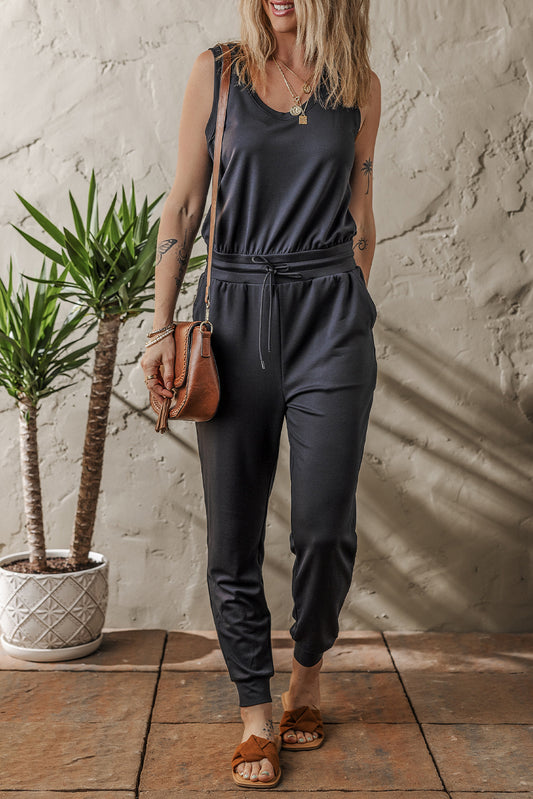 Black Casual Tank Style Tie Waist Pocketed Jogger Jumpsuit Jumpsuits & Rompers JT's Designer Fashion