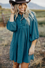 Blue Corduroy Snap Buttons Empire Waist Bracelet Sleeve Dress Mini Dresses JT's Designer Fashion