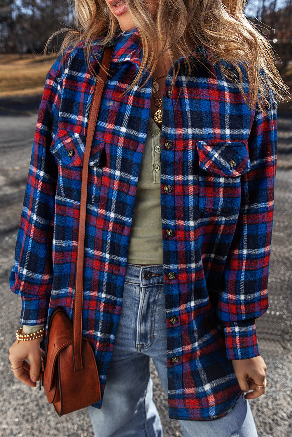 Navy Blue Plaid Flap Pocket Button Up Shacket Navy Blue 100%Polyester Plaid Shackets JT's Designer Fashion