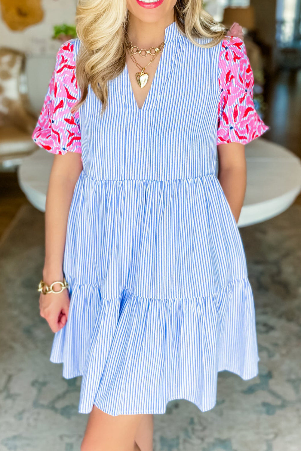 Sky Blue Stripe Contrast Floral Puff Sleeve Tiered Ruffle Dress Sky Blue Stripe Dresses JT's Designer Fashion
