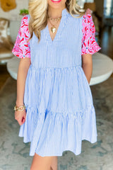 Sky Blue Stripe Contrast Floral Puff Sleeve Tiered Ruffle Dress Sky Blue Stripe Dresses JT's Designer Fashion