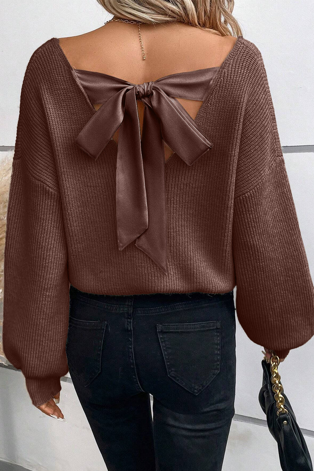 Coffee Lantern Sleeve V Neck Knot Back Sweater Sweaters JT's Designer Fashion