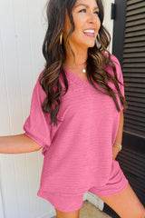 Pink Textured V Neck T Shirt and Shorts Set Short Sets JT's Designer Fashion