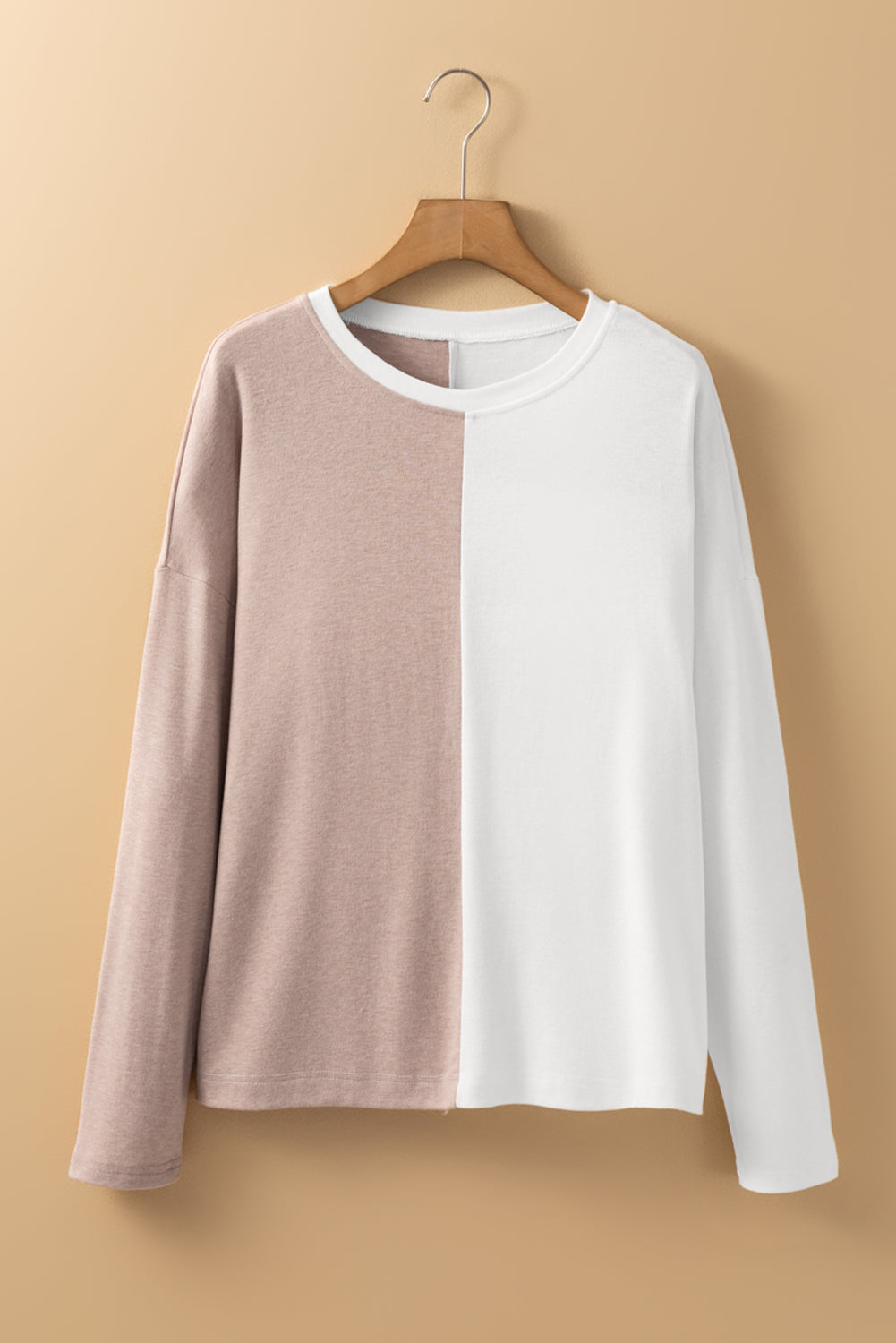 Khaki Colorblock Long Sleeve Crew Neck Top Long Sleeve Tops JT's Designer Fashion