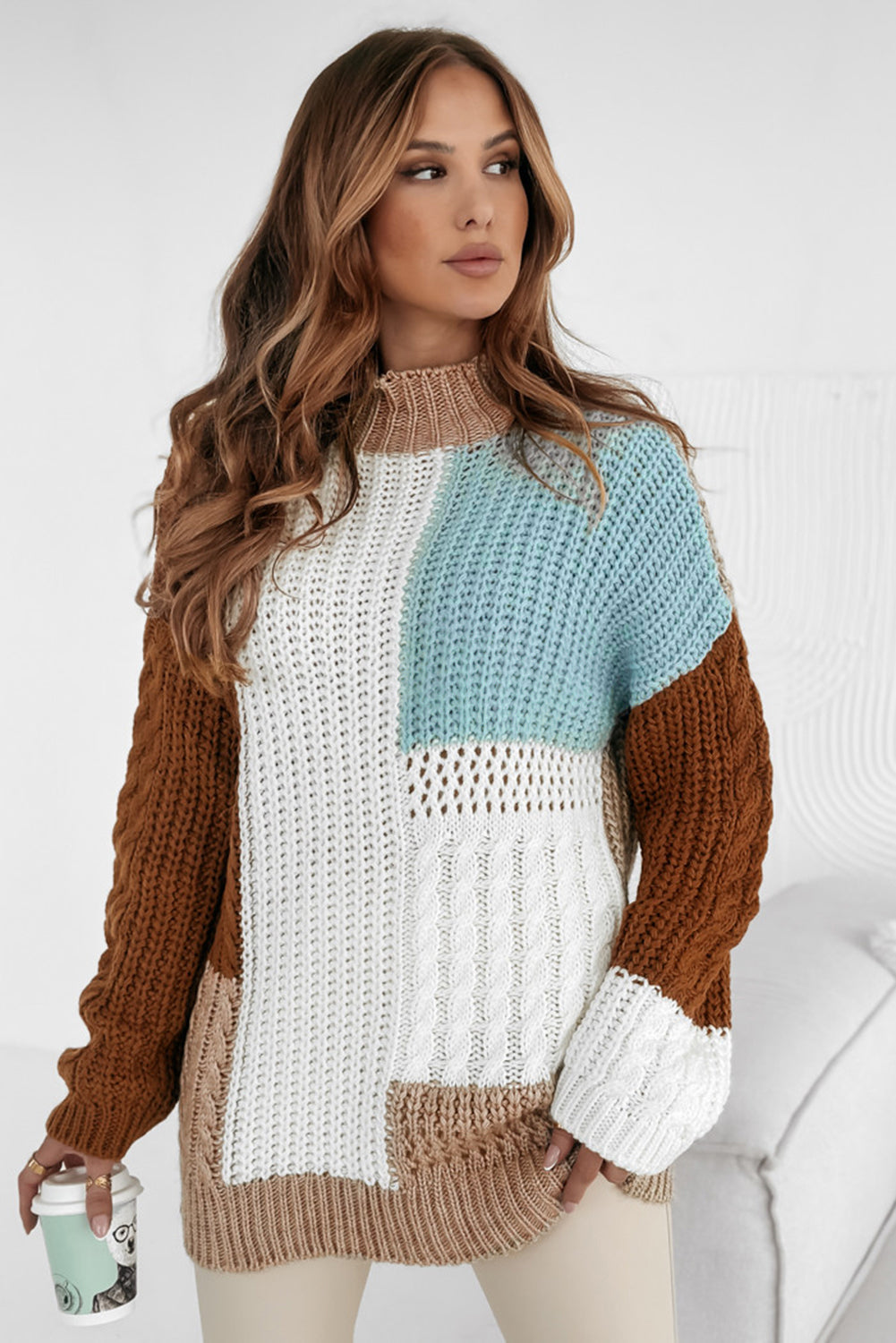 Khaki Mix Textured Knit Colorblock Patchwork Sweater Sweaters JT's Designer Fashion