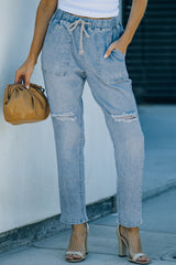 Sky Blue Gather Round Distressed Pocketed Denim Jogger Jeans JT's Designer Fashion