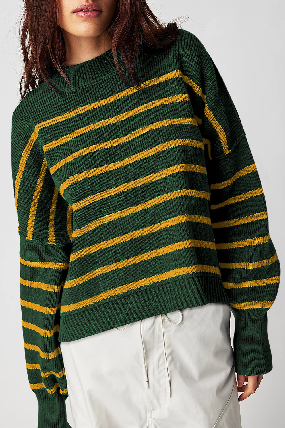 Green Stripe Ribbed Drop Shoulder Baggy Sweater Green Stripe 50%Viscose+28%Polyester+22%Polyamide Sweaters JT's Designer Fashion
