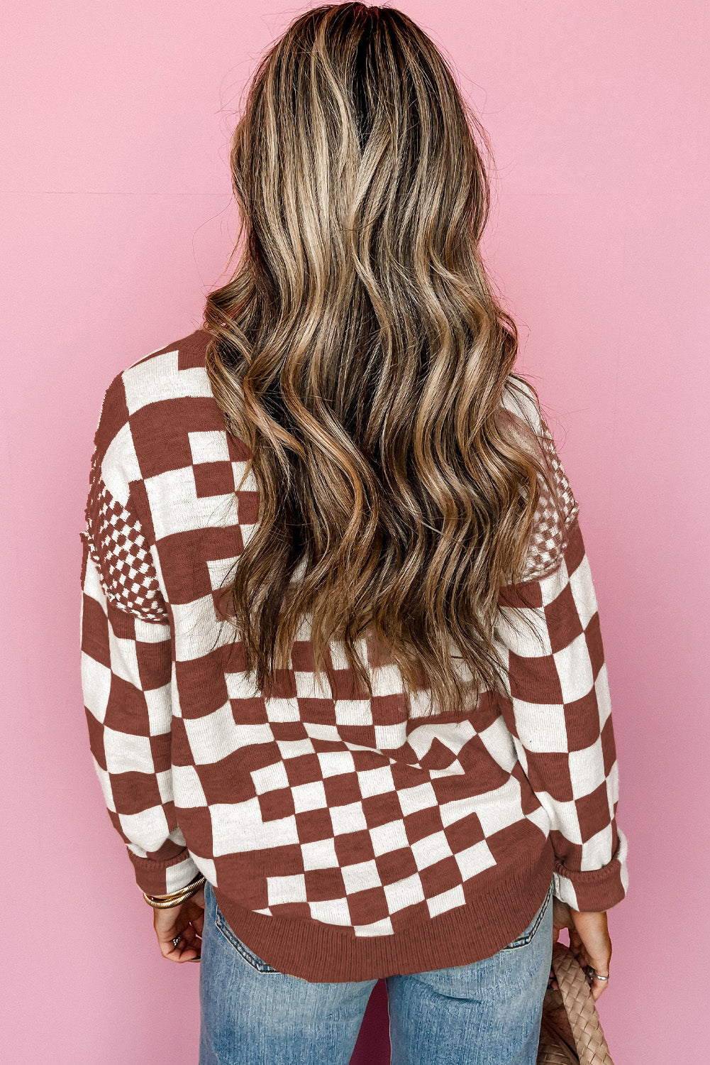 Brown Checkered Print Drop Shoulder Round Neck Sweater Sweaters JT's Designer Fashion