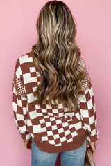 Brown Checkered Print Drop Shoulder Round Neck Sweater Sweaters JT's Designer Fashion
