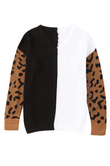 Leopard Print Contrast Color V Neck Sweater Sweaters & Cardigans JT's Designer Fashion