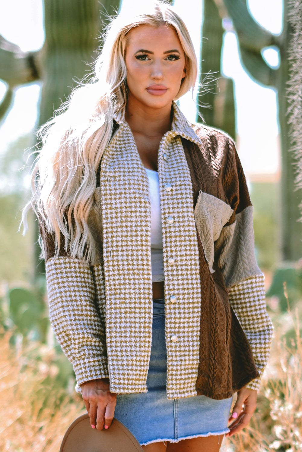 Khaki Houndstooth Color Contrast Textured Patchwork Loose Shacket Khaki 100%Polyester Jackets JT's Designer Fashion