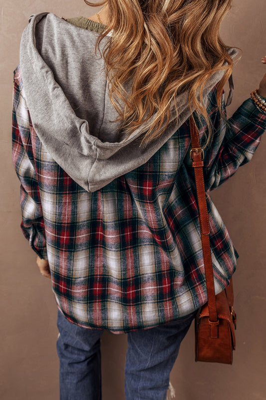 Red Plaid Print Chest Pocket Buttoned Hooded Shacket Plaid Shackets JT's Designer Fashion