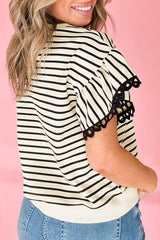 Black Stripe Eyelet Trimmed Ruffled Short Sleeve Plus Size Top Plus Size Tops & Tees JT's Designer Fashion