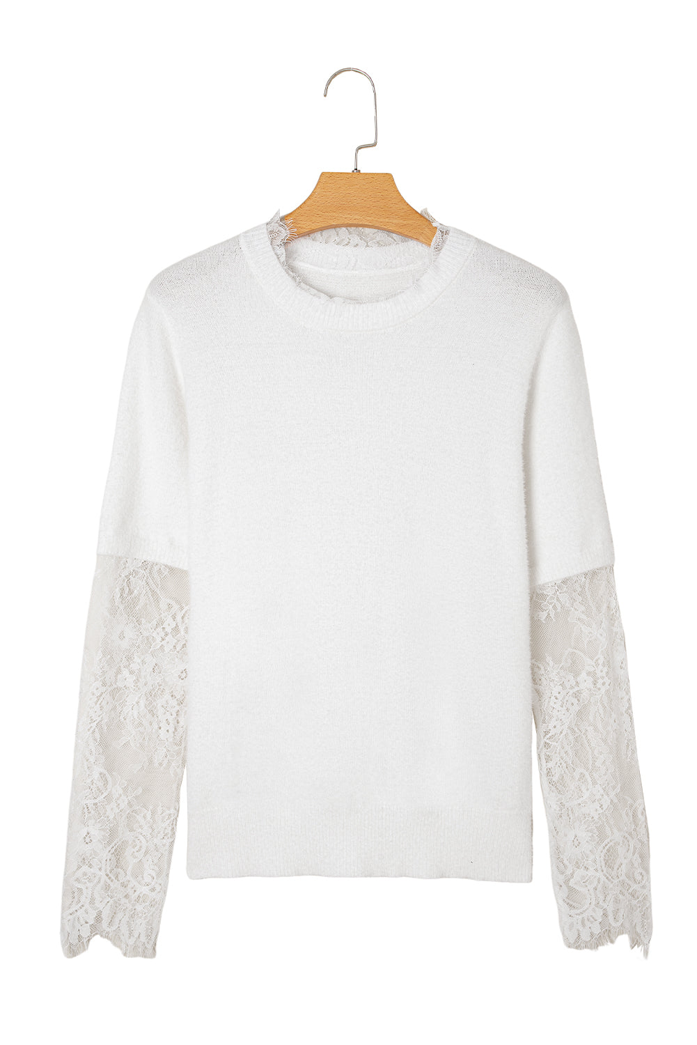 Beige Lace Sleeve Patchwork Faux Two-piece Fuzzy Sweater Sweaters JT's Designer Fashion
