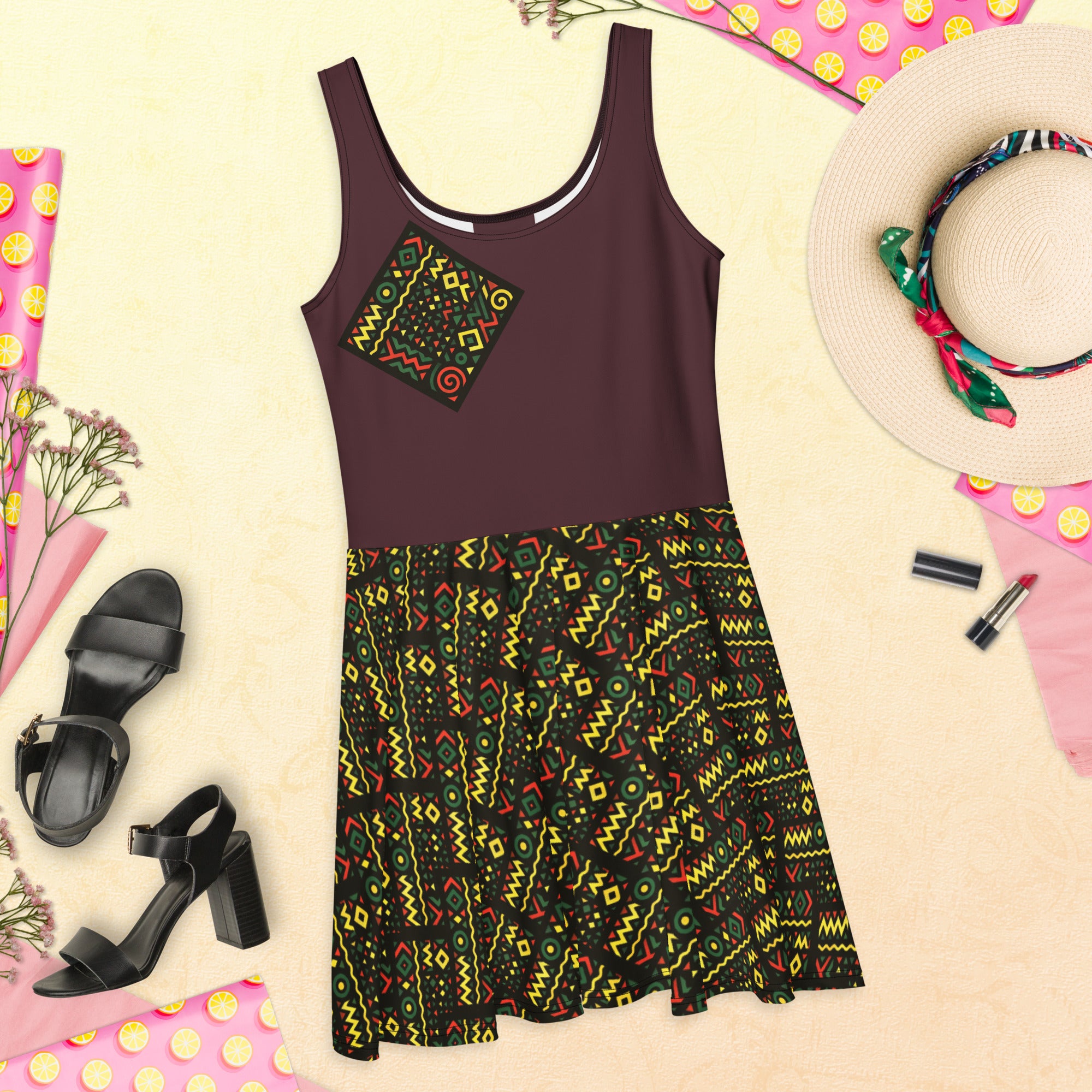 Bold African Print Skater Dress – Sun-Kissed Elegance Mini Dresses JT's Designer Fashion
