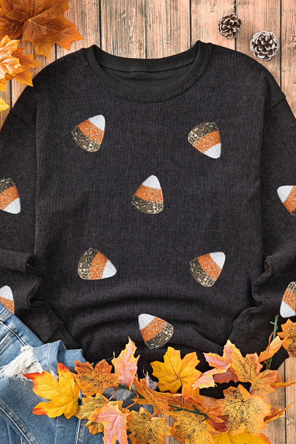 Black Sequin Candy Corn Patched Corded Halloween Sweatshirt Graphic Sweatshirts JT's Designer Fashion