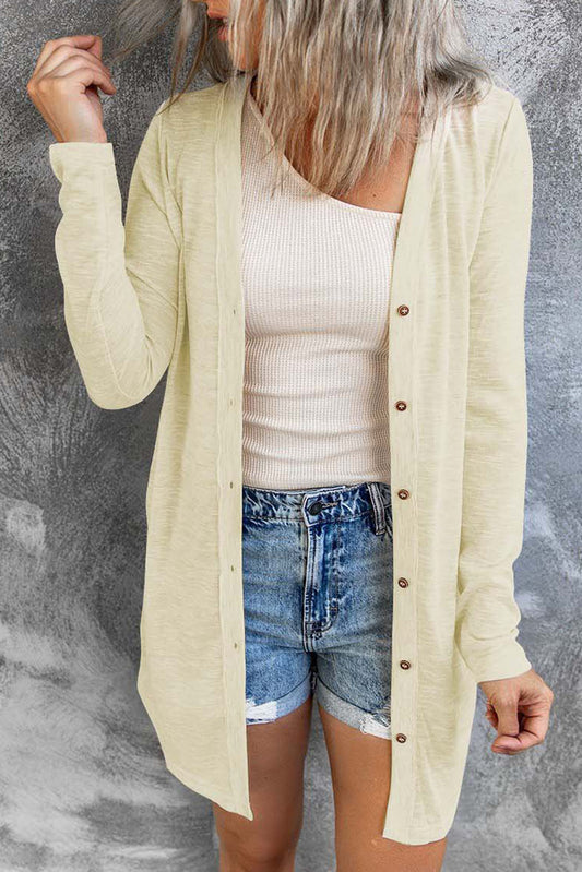 Beige Solid Color Open-Front Buttons Cardigan Sweaters & Cardigans JT's Designer Fashion
