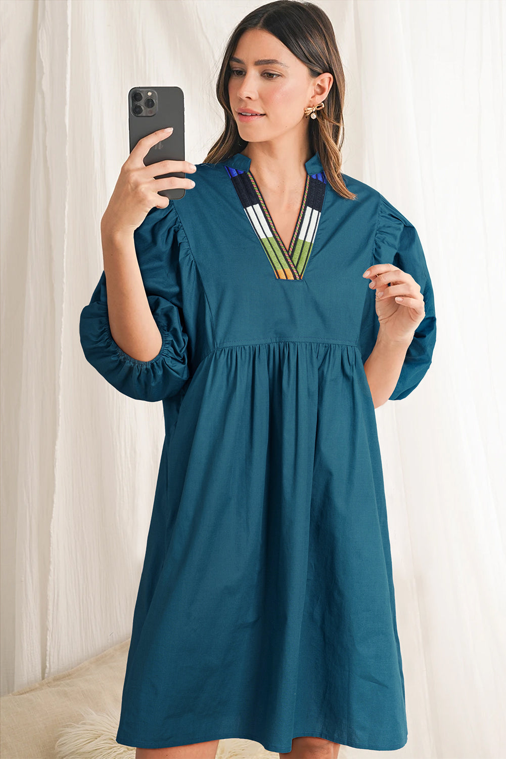 Blue Sapphire Colorblock Split V Neck Puff Sleeve Mini Dress Dresses JT's Designer Fashion