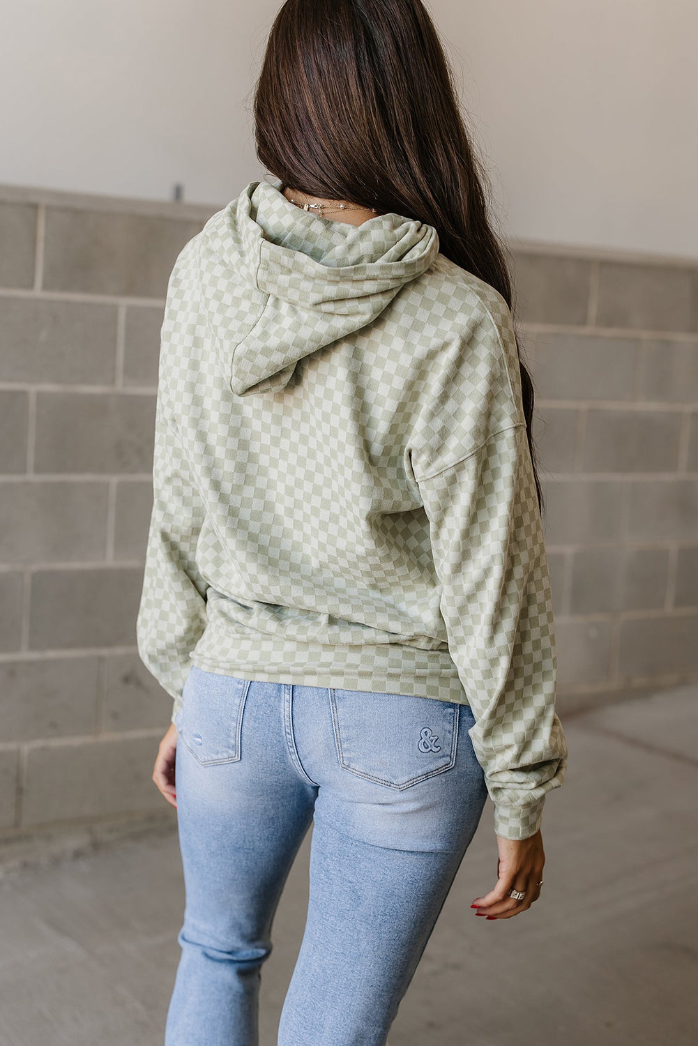 Green Checkered Print Kangaroo Pocket Drawstring Hoodie Sweatshirts & Hoodies JT's Designer Fashion