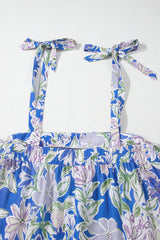 Sky Blue Floral Print Self-tie Straps Flowy Ruffle Long Dress Maxi Dresses JT's Designer Fashion