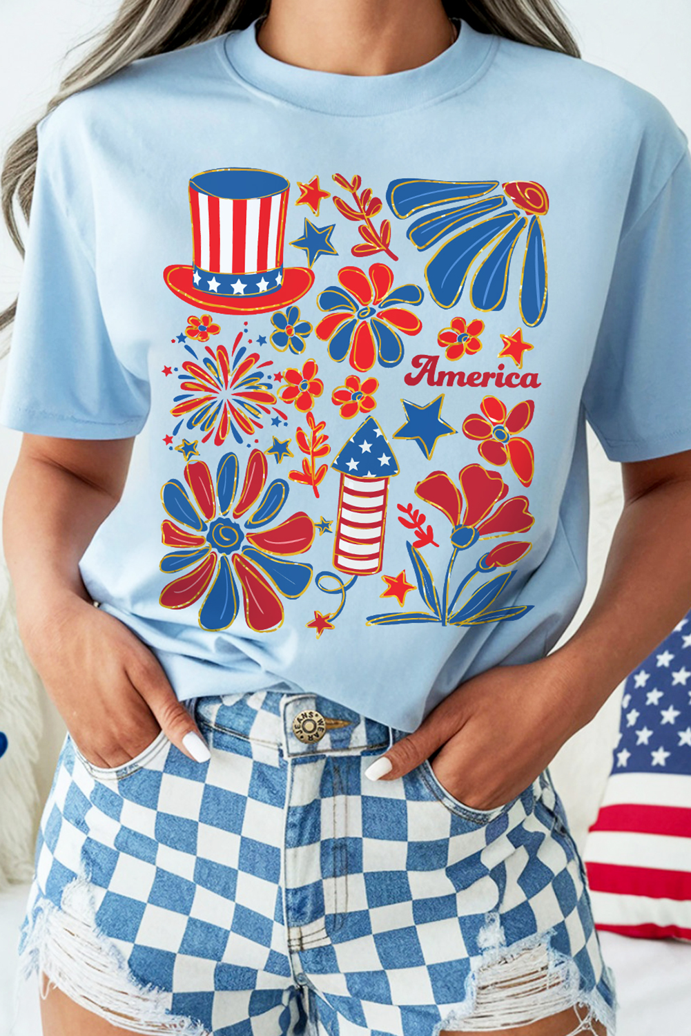 Light Blue America Floral Firework Print 4th of July T Shirt Graphic Tees JT's Designer Fashion