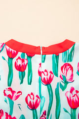 Pink Floral Print Contrast Trim V Neck Bubble Short Sleeve Babydoll Dress Floral Dresses JT's Designer Fashion