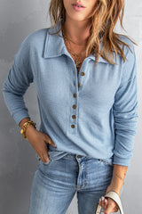 Sky Blue Button Front Turn-down Neck Knit Top Long Sleeve Tops JT's Designer Fashion