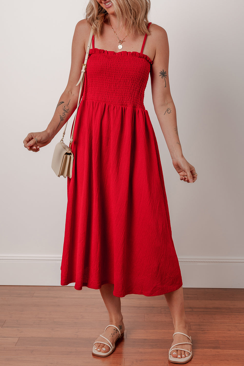 Racing Red Textured Shirred Ruffled Trim Spaghetti Strap Midi Dress Midi Dresses JT's Designer Fashion