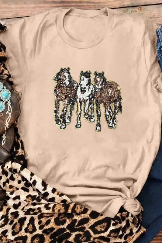 Khaki Sequin Horses Patched Casual Crewneck T Shirt Graphic Tees JT's Designer Fashion