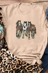 Khaki Sequin Horses Patched Casual Crewneck T Shirt Graphic Tees JT's Designer Fashion