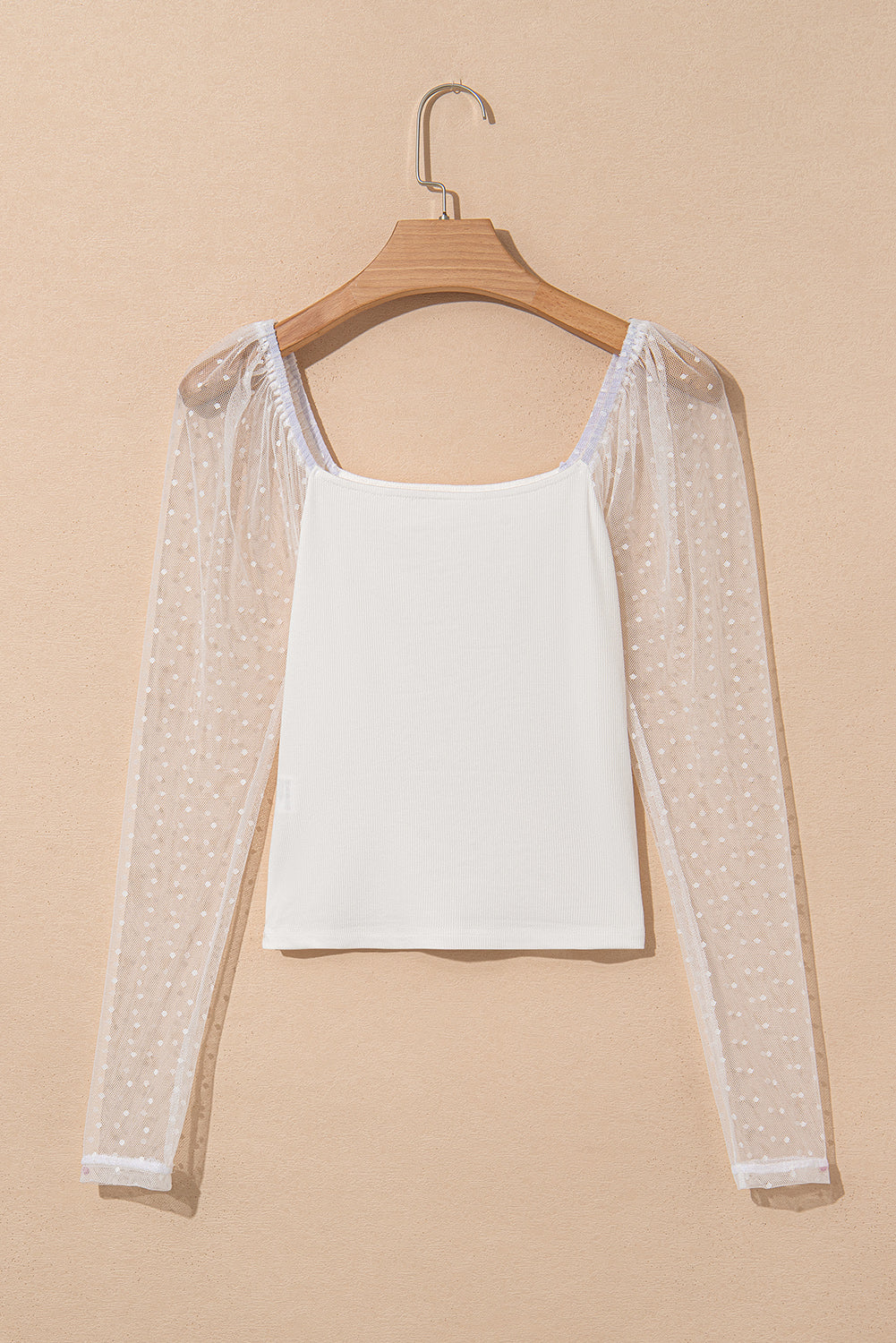 White Swiss Dot Mesh Long Sleeve Square Neck Slim Top Long Sleeve Tops JT's Designer Fashion