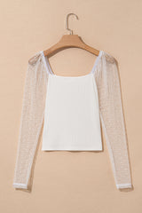 White Swiss Dot Mesh Long Sleeve Square Neck Slim Top Long Sleeve Tops JT's Designer Fashion
