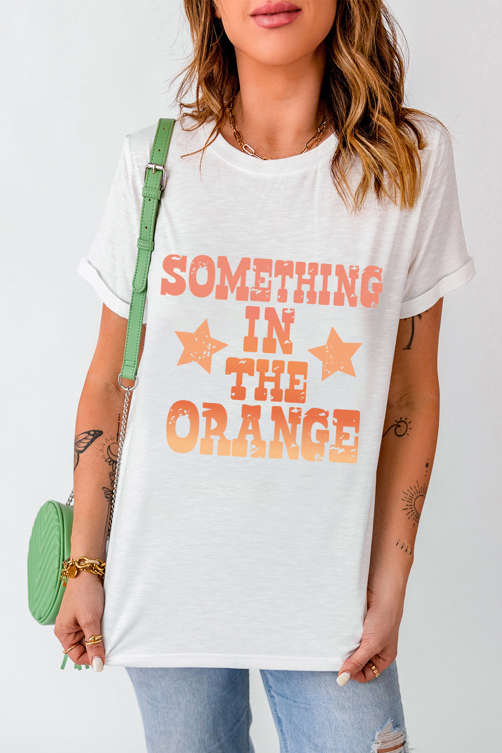 White SOMETHING IN THE ORANGE Graphic Crew Neck T Shirt Graphic Tees JT's Designer Fashion
