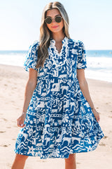 Blue Ricrac Trim Split Neck Floral Loose Dress Blue 100%Polyester Floral Dresses JT's Designer Fashion