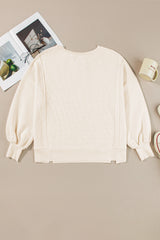 White Waffle Knit Bishop Sleeve Split Oversized Sweatshirt Sweatshirts & Hoodies JT's Designer Fashion