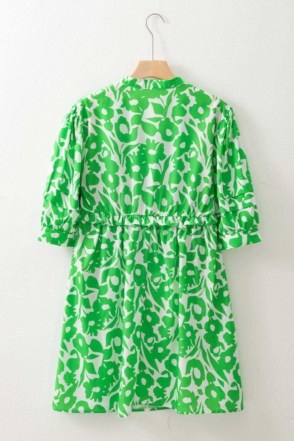 Green Floral Print Puff Half Sleeve V Neck Babydoll Dress Floral Dresses JT's Designer Fashion