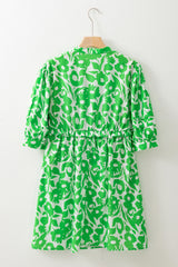 Green Floral Print Puff Half Sleeve V Neck Babydoll Dress Floral Dresses JT's Designer Fashion