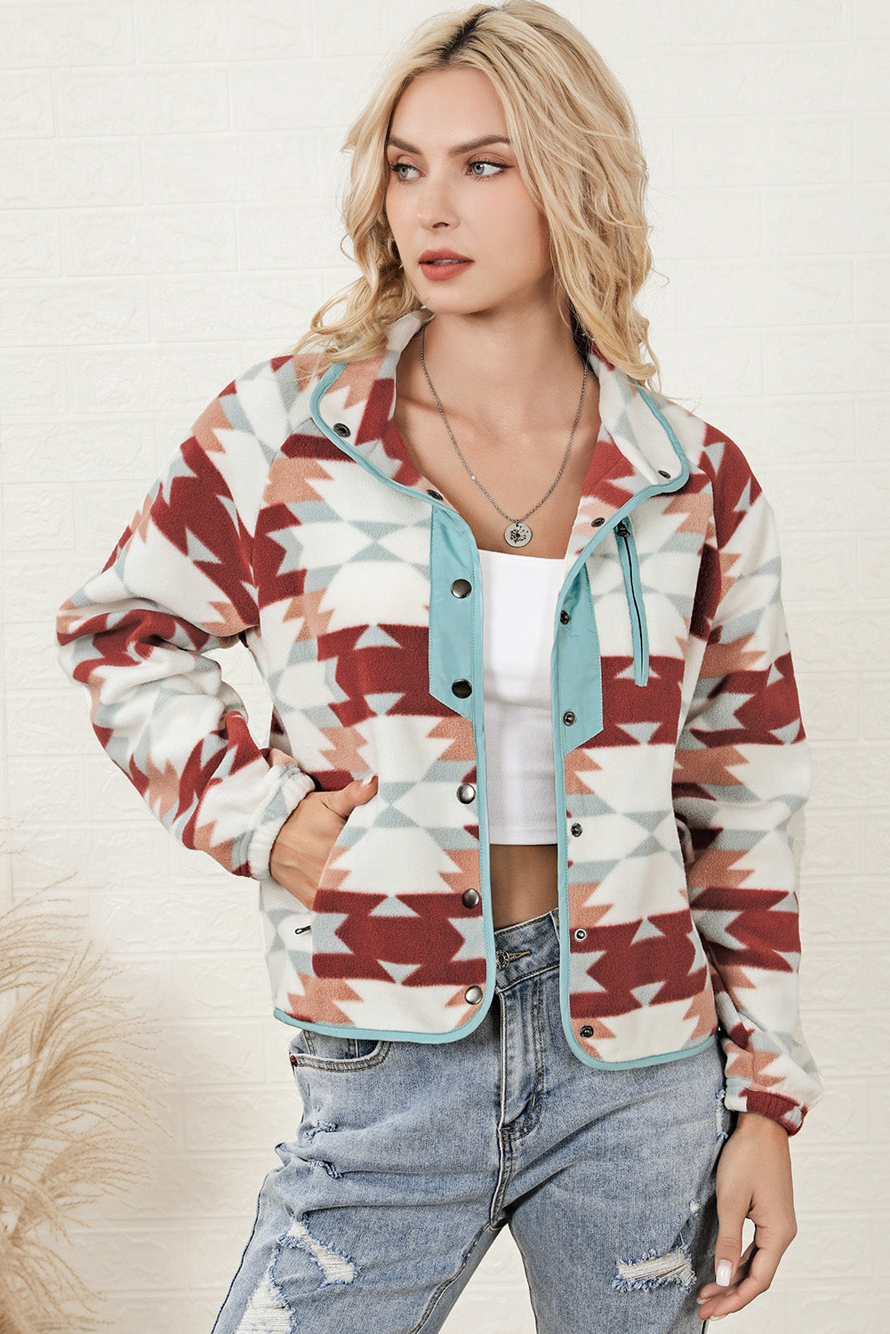 Fiery Red Western Aztec Buttoned Zipper Pockets Fleece Jacket Jackets JT's Designer Fashion
