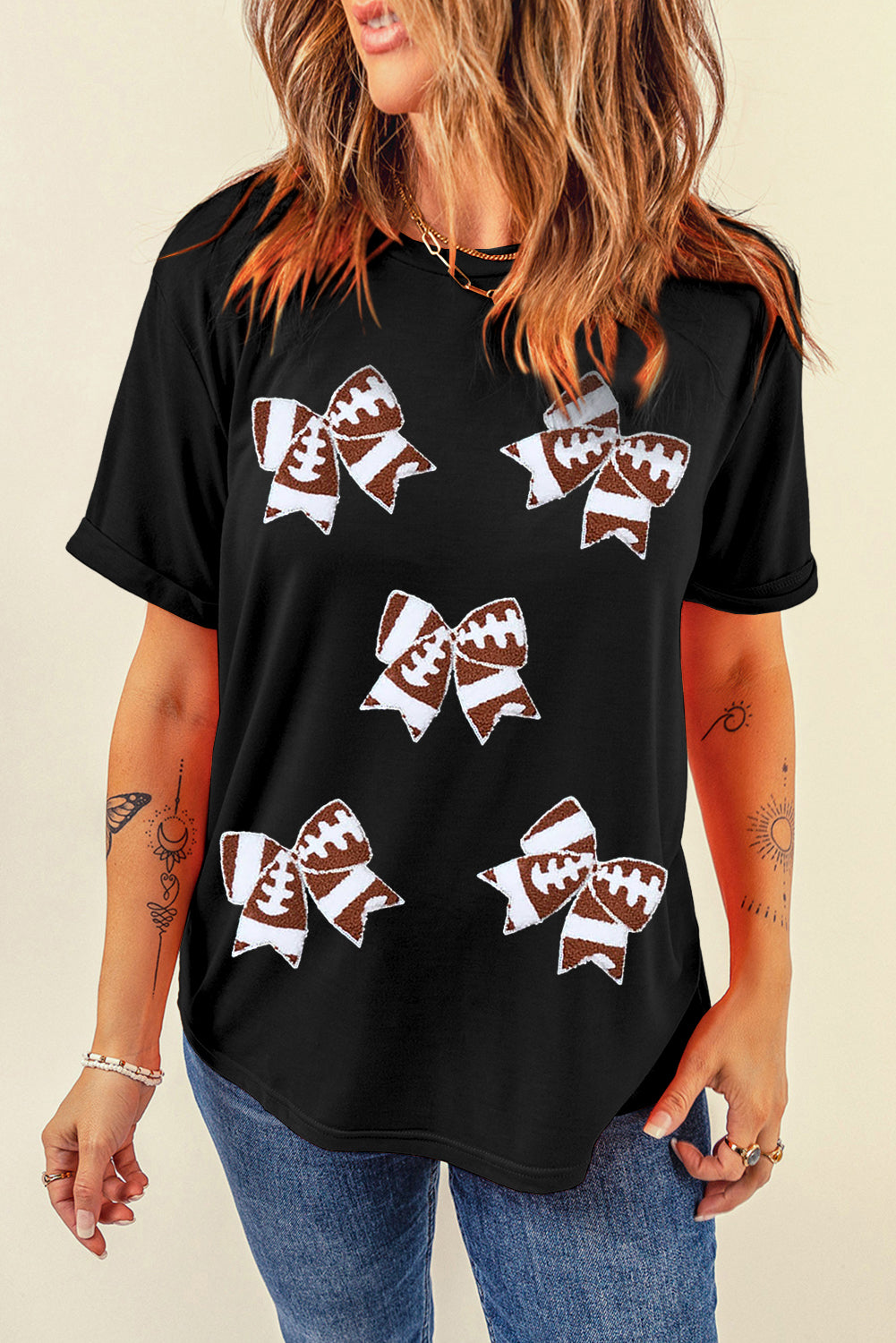 Black Rugby Football Bowknot Pattern Game Day T Shirt Graphic Tees JT's Designer Fashion