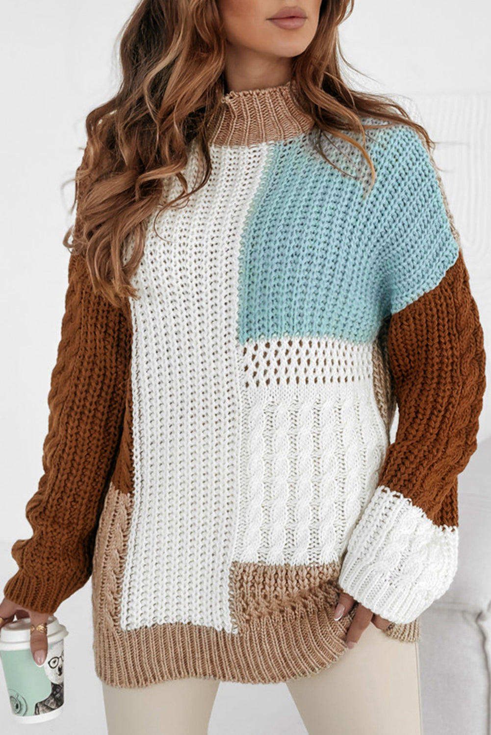 Khaki Mix Textured Knit Colorblock Patchwork Sweater Sweaters JT's Designer Fashion