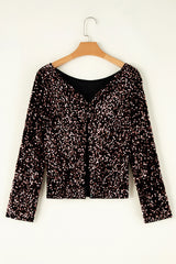 Chicory Coffee Sequin Long Sleeve Cutout Back Top Long Sleeve Tops JT's Designer Fashion