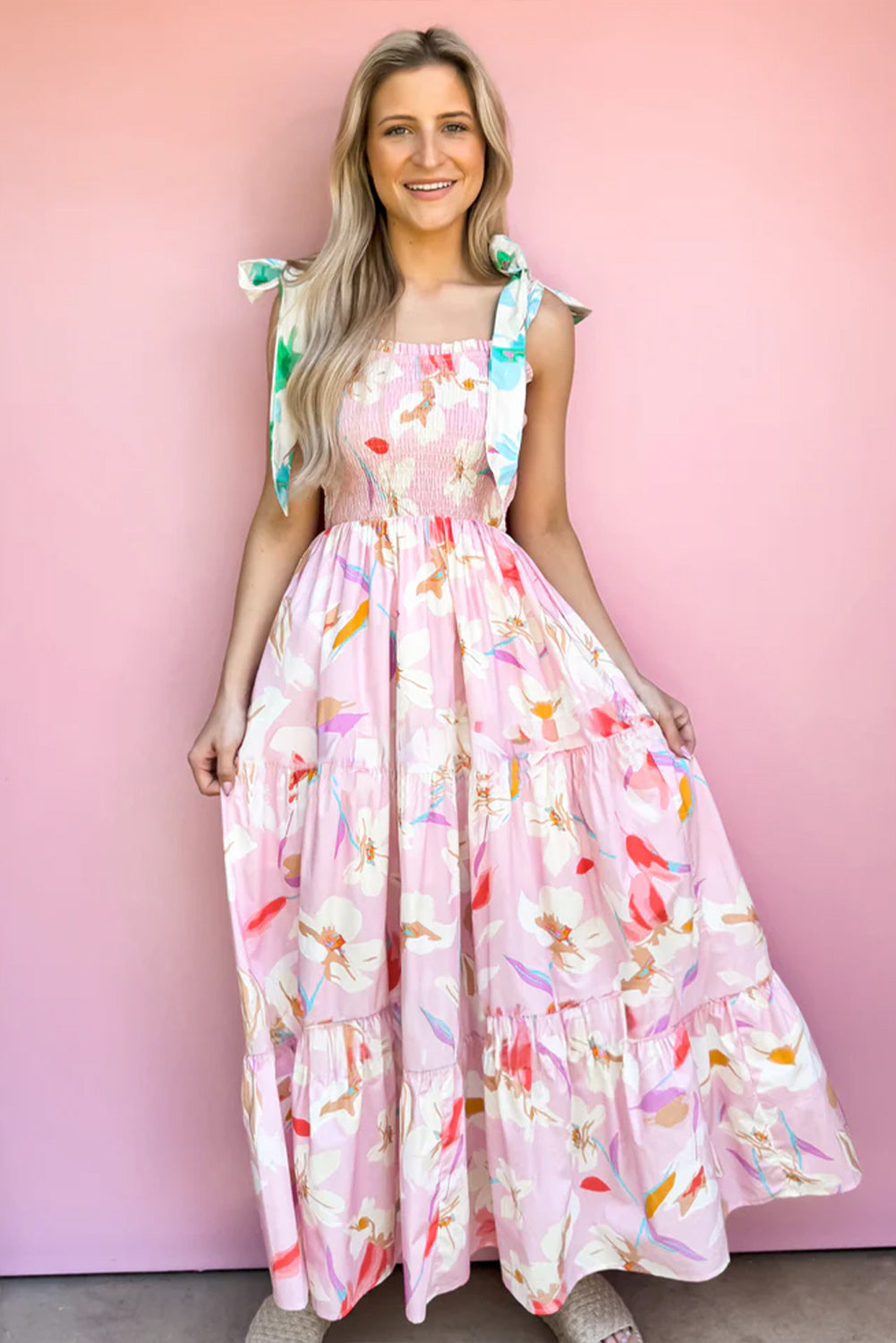 Pink Floral Print Knotted Shoulder Smocked Maxi Dress Floral Dresses JT's Designer Fashion